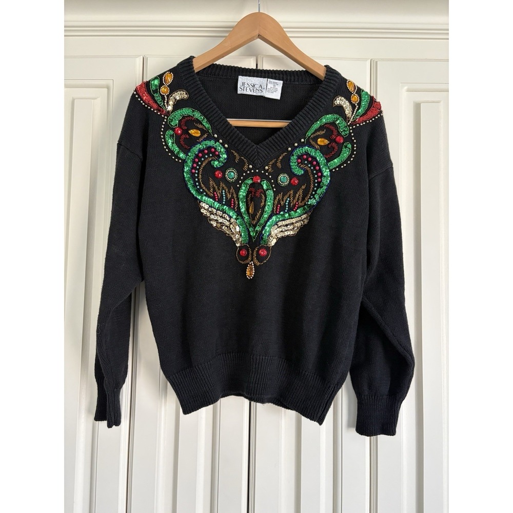 Vintage 90s‎ Jessica Stevens Ramie Cotton Embellished V Neck Sweater Medium